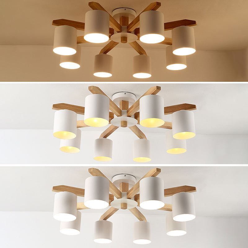 Wooden Cylinder Semi Flush Mount Lighting Modern White Semi Flush Ceiling Light Fixture