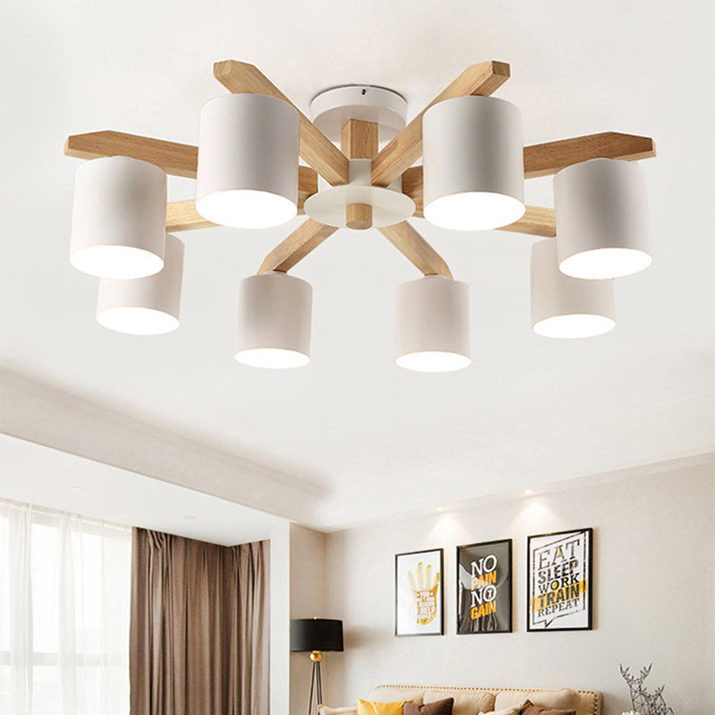 Wooden Cylinder Semi Flush Mount Lighting Modern White Semi Flush Ceiling Light Fixture