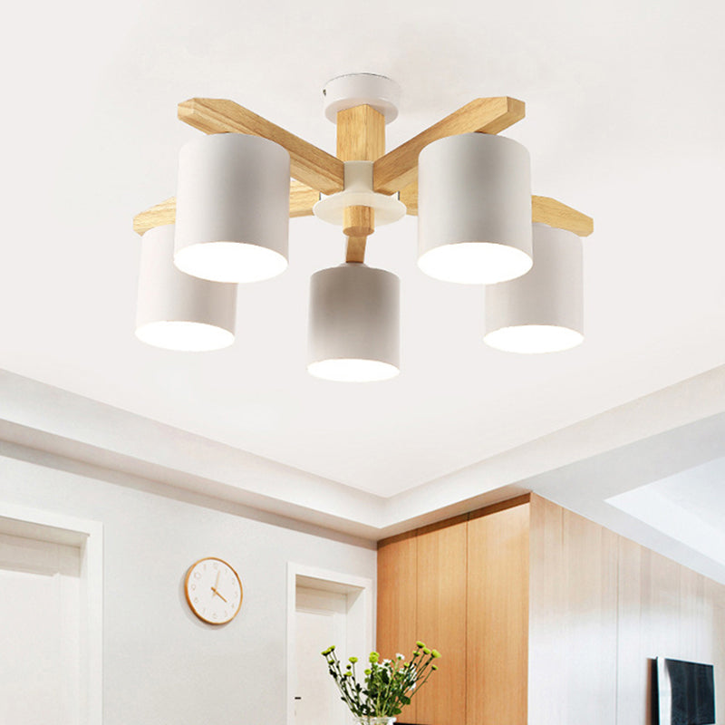 Wooden Cylinder Semi Flush Mount Lighting Modern White Semi Flush Ceiling Light Fixture