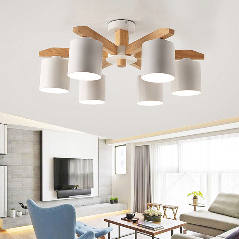 Wooden Cylinder Semi Flush Mount Lighting Modern White Semi Flush Ceiling Light Fixture