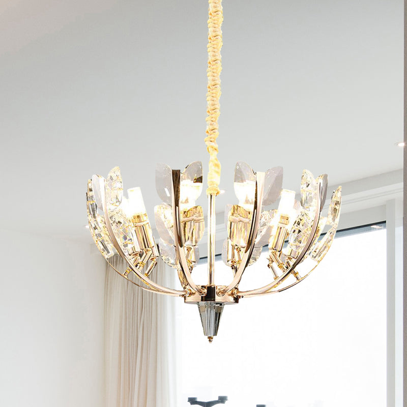 Modernism Curved Arm Hanging Ceiling Light Leaf Crystal 8/10 Heads Dining Room Chandelier Lamp in Brushed Brass, 18"/21.5" Wide