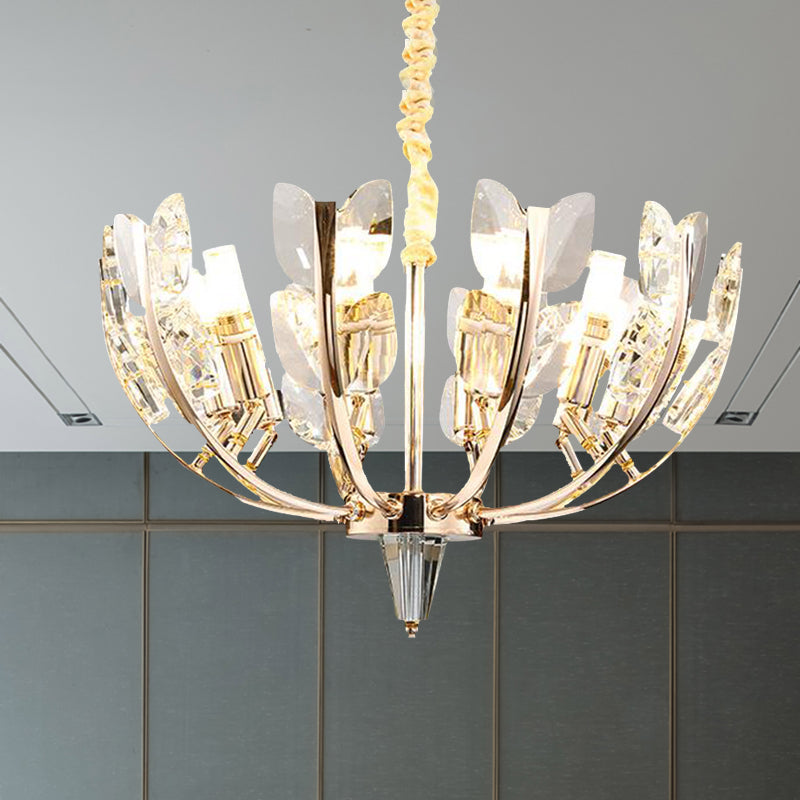 Modernism Curved Arm Hanging Ceiling Light Leaf Crystal 8/10 Heads Dining Room Chandelier Lamp in Brushed Brass, 18"/21.5" Wide