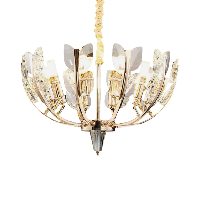 Modernism Curved Arm Hanging Ceiling Light Leaf Crystal 8/10 Heads Dining Room Chandelier Lamp in Brushed Brass, 18"/21.5" Wide