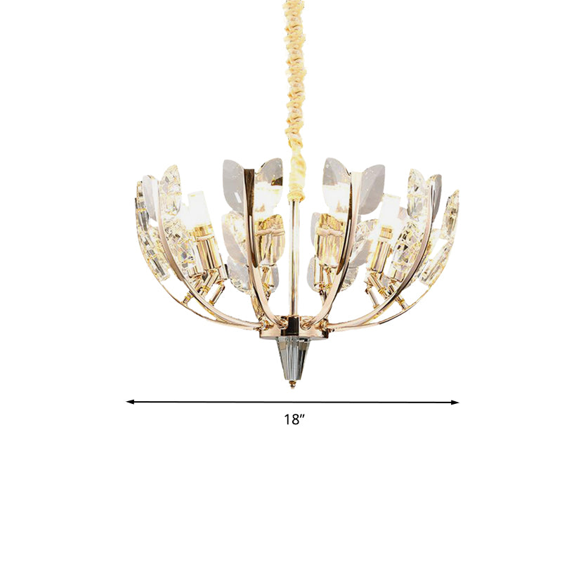 Modernism Curved Arm Hanging Ceiling Light Leaf Crystal 8/10 Heads Dining Room Chandelier Lamp in Brushed Brass, 18"/21.5" Wide