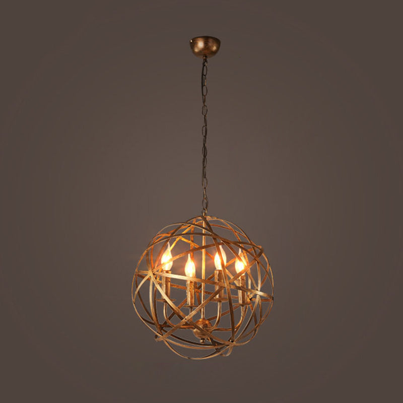 Globe Metal Pendant Lighting Industrial 4 Lights Dining Room Chandelier Hanging Light Fixture in Weathered Gold