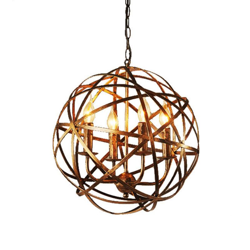 Globe Metal Pendant Lighting Industrial 4 Lights Dining Room Chandelier Hanging Light Fixture in Weathered Gold