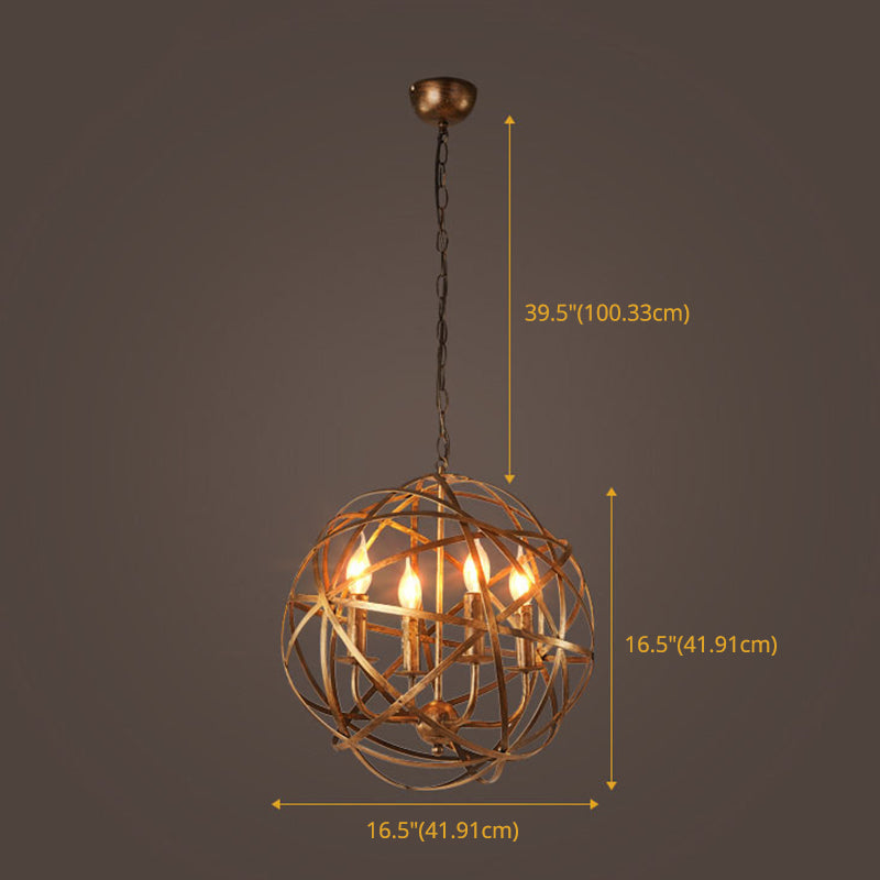 Globe Metal Pendant Lighting Industrial 4 Lights Dining Room Chandelier Hanging Light Fixture in Weathered Gold