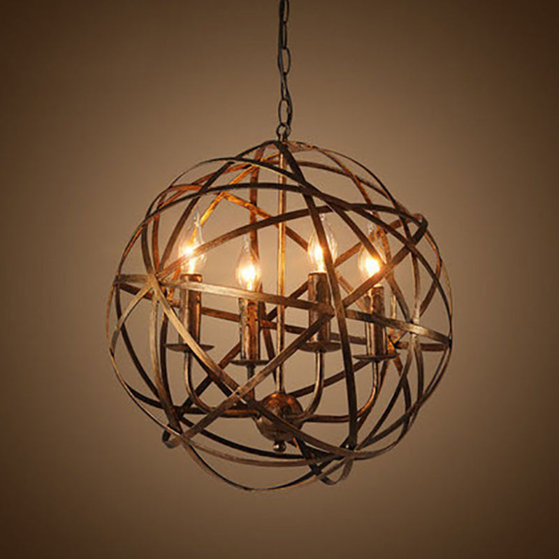 Globe Metal Pendant Lighting Industrial 4 Lights Dining Room Chandelier Hanging Light Fixture in Weathered Gold