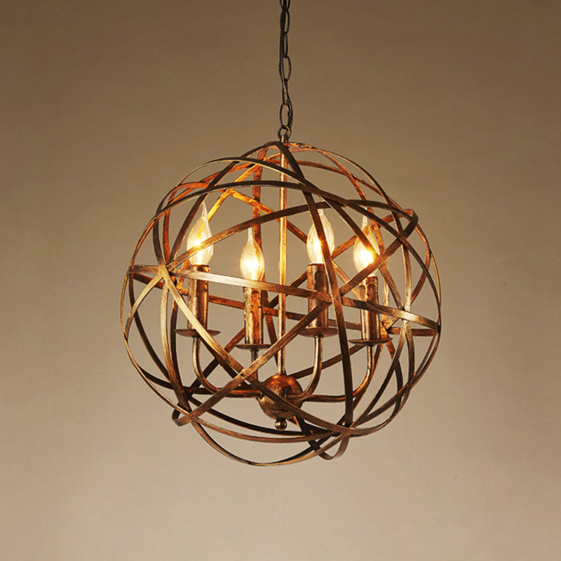 Globe Metal Pendant Lighting Industrial 4 Lights Dining Room Chandelier Hanging Light Fixture in Weathered Gold