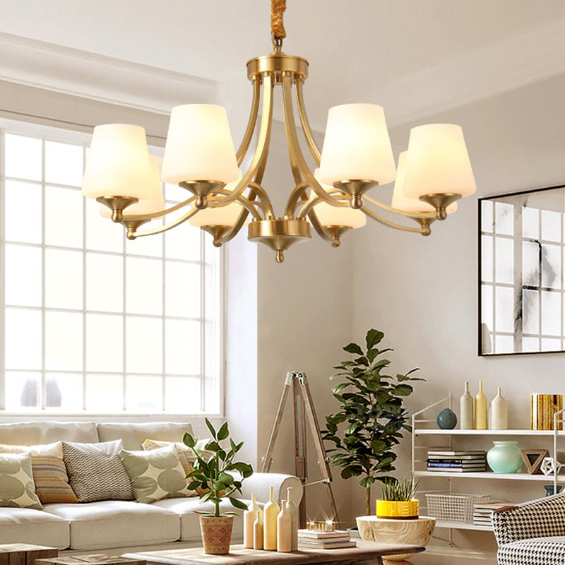 Postmoderner, kurviger Arm hängend Kronleuchter hellweiß weißer Glasschatten Deckenkraut in Gold für Wohnzimmer