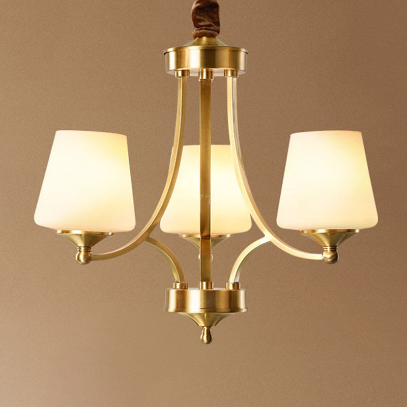 Post-Modern Curvy Arm Hanging Chandelier Light White Glass Shade Ceiling Chandelier in Gold for Living Room