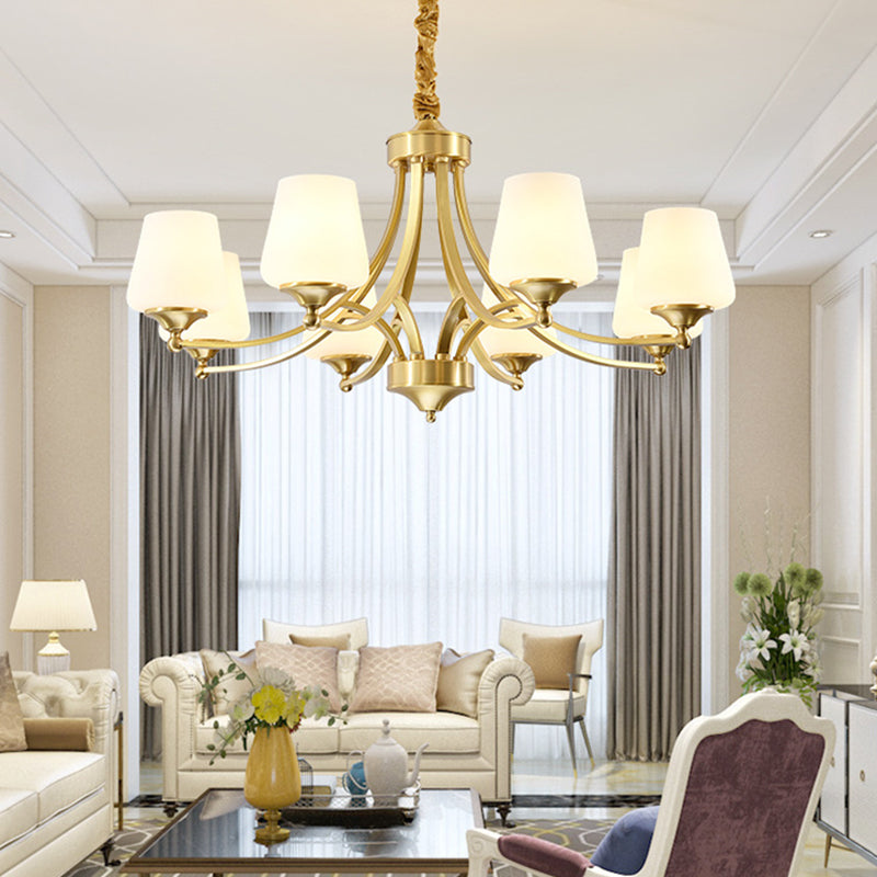 Post-Modern Curvy Arm Hanging Chandelier Light White Glass Shade Ceiling Chandelier in Gold for Living Room