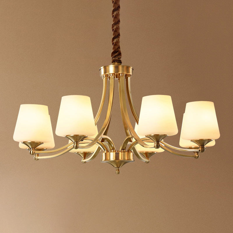 Post-Modern Curvy Arm Hanging Chandelier Light White Glass Shade Ceiling Chandelier in Gold for Living Room