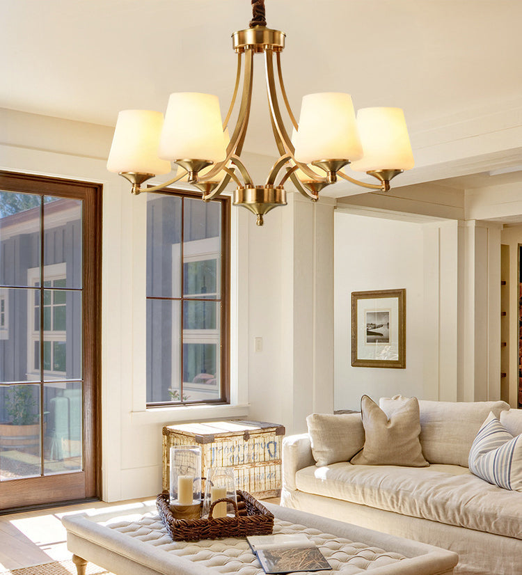 Post-Modern Curvy Arm Hanging Chandelier Light White Glass Shade Ceiling Chandelier in Gold for Living Room