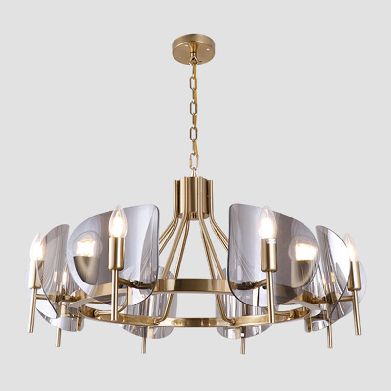 Modern Wagon Wheel Candle Chandelier Light Fixture Clear Glass Shaded Ceiling Chandelier in Gold for Bedroom