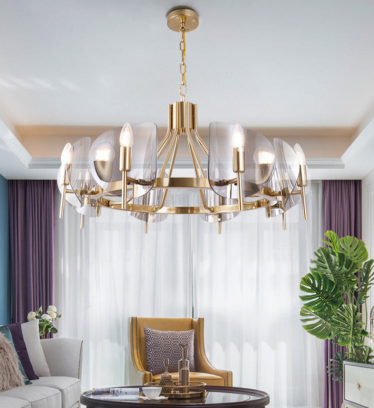 Modern Wagon Wheel Candle Chandelier Light Fixture Clear Glass Shaded Ceiling Chandelier in Gold for Bedroom