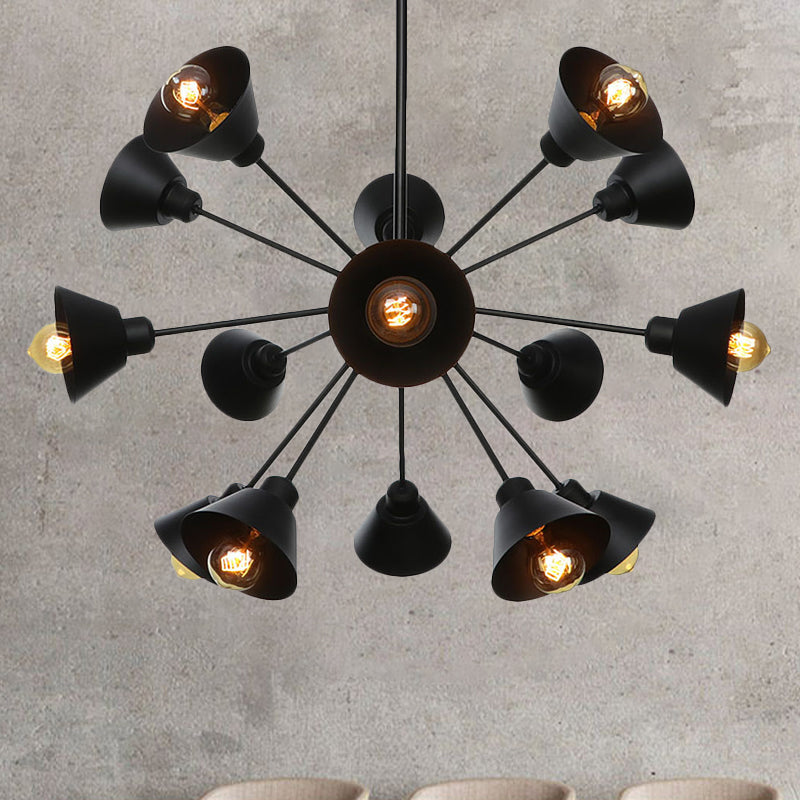 Cone Shade Metal Hanging Lamp Industrial Stijlvol 9/12/15 Lichten Zwart Kroonluchter Hanglamp met Sputnik Design