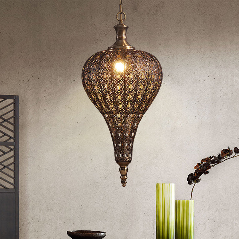 Metallic Teardrop/Lantern Hanging Pendant Retro 1 Light Brass Exquisite Hollowed Ceiling Lamp, 16"/18"/19.5" Wide