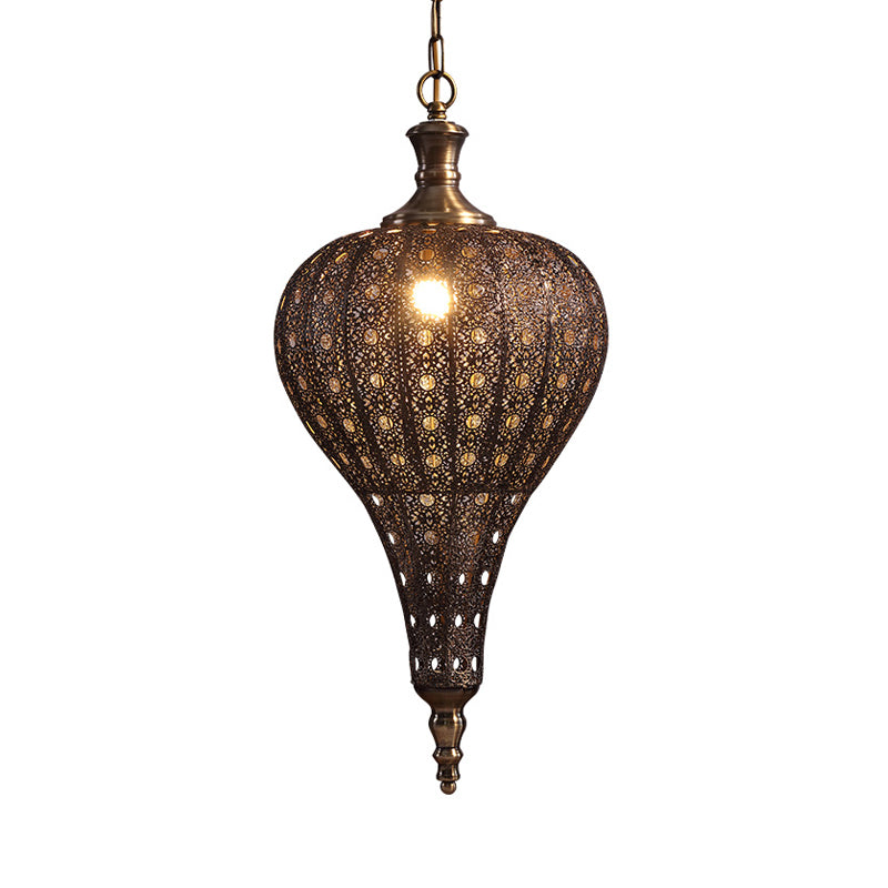 Metallic Teardrop/Lantern Hanging Pendant Retro 1 Light Brass Exquisite Hollowed Ceiling Lamp, 16"/18"/19.5" Wide