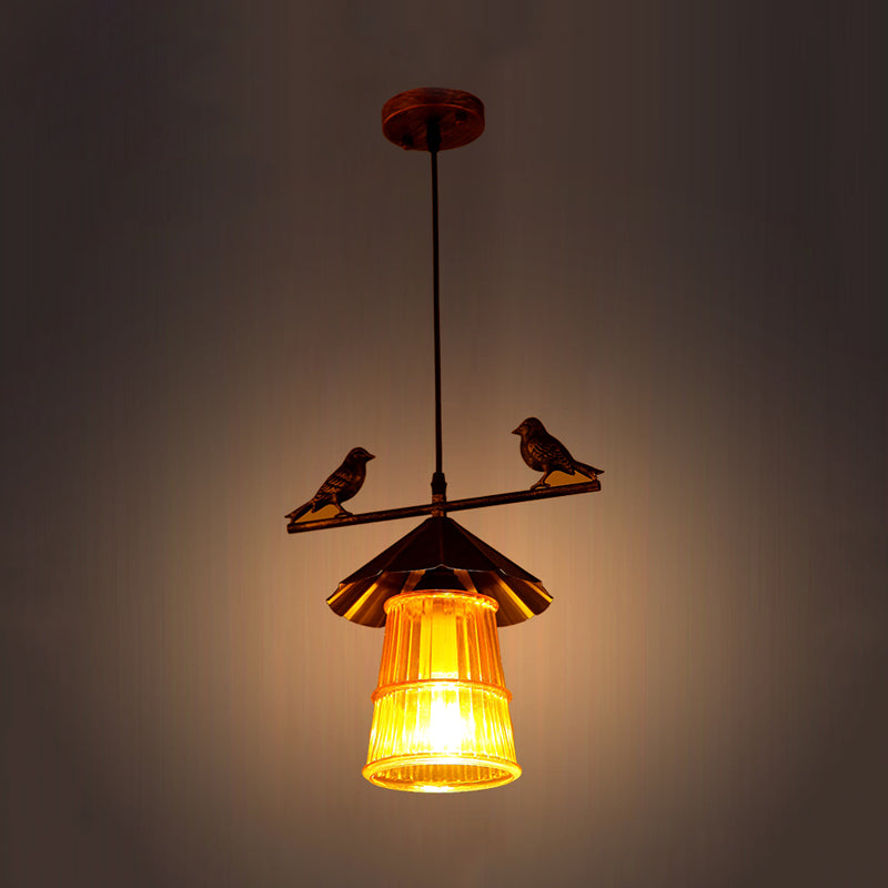 Iron Iron CONICAL PENDULUM in pendente cinese in cinese 1 lampada a sospensione del soffitto in bronzo con tonalità in vetro a coste