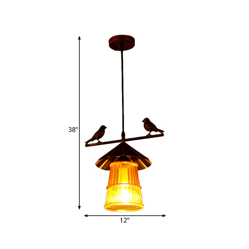 Iron Conical Pendulum Pendant Chinese Style 1 Bulb Bronze Ceiling Suspension Lamp with Ribbed Glass Shade