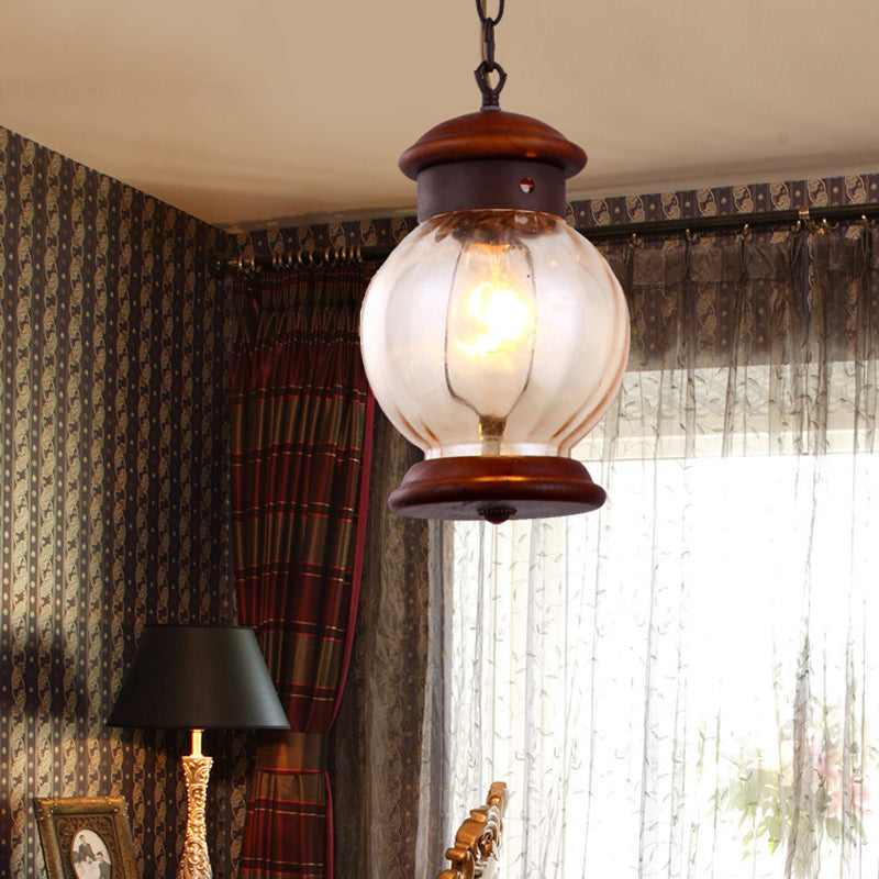 Traditional Round Drop Pendant 1-Light Wooden Brown Hanging Ceiling Lamp with Clear Glass Ball Shade