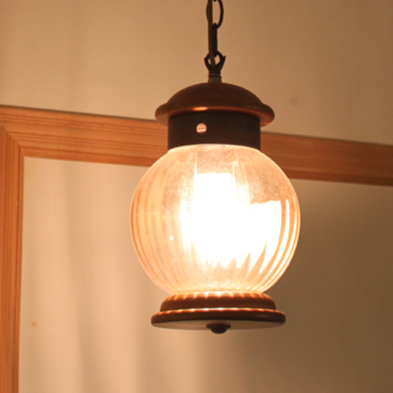 Traditional Round Drop Pendant 1-Light Wooden Brown Hanging Ceiling Lamp with Clear Glass Ball Shade