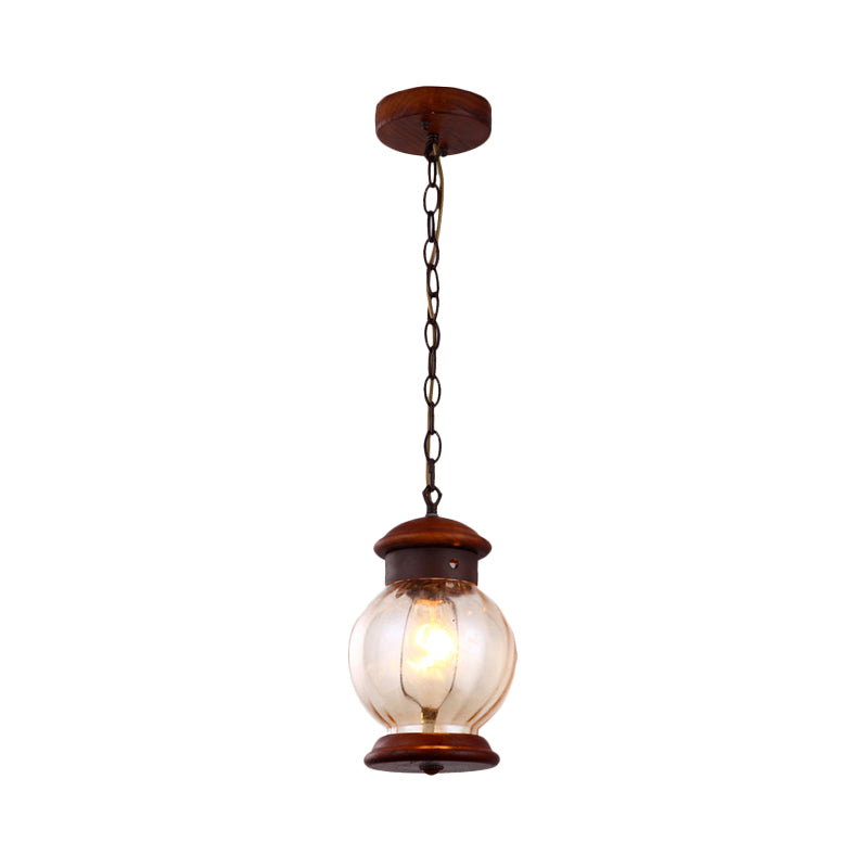 Traditional Round Drop Pendant 1-Light Wooden Brown Hanging Ceiling Lamp with Clear Glass Ball Shade