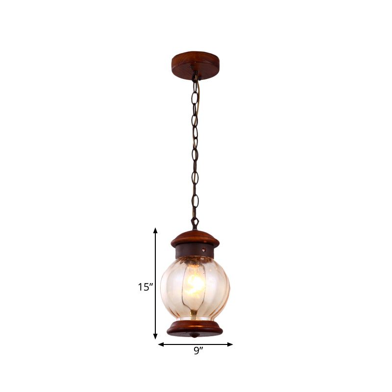 Traditionele ronde druppel hanger 1-licht houten bruine hangende plafondlamp met heldere glazen balschaduw