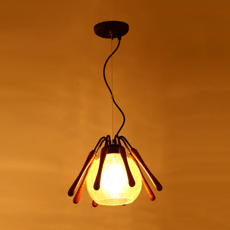 Conical Wood Pendant Lamp Rustic 1 Light Brown Suspended Lighting Fixture with Global Cracked Glass Shade