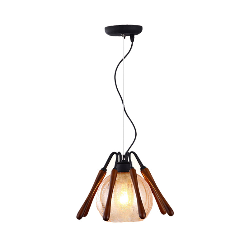 Conical Wood Pendant Lamp Rustic 1 Light Brown Suspended Lighting Fixture with Global Cracked Glass Shade