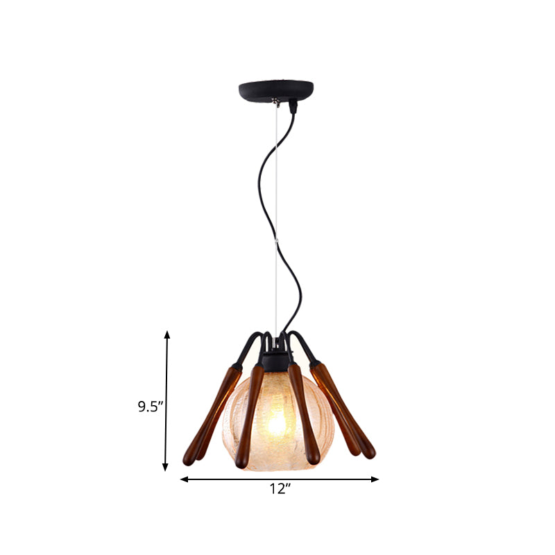 Conical Wood Pendant Lamp Rustic 1 Light Brown Suspended Lighting Fixture with Global Cracked Glass Shade