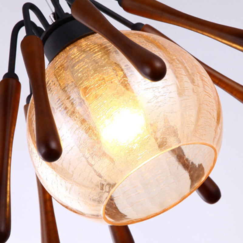 Conical Wood Pendant Lamp Rustic 1 Light Brown Suspended Lighting Fixture with Global Cracked Glass Shade