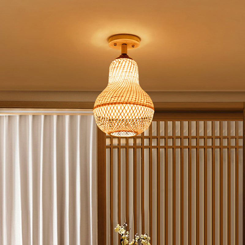 Handgemaakte semi -flush mount licht Chinese rattan plafondmontage verlichtingsarmatuur voor slaapkamer