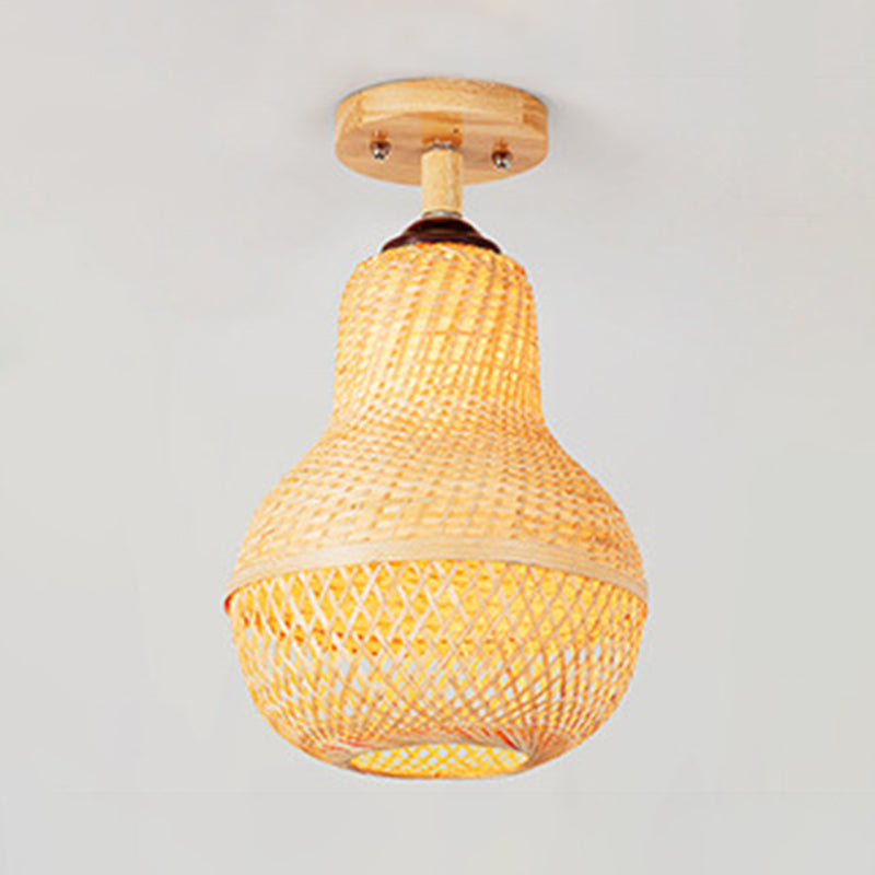 Handmade Semi Flush Mount Light Chinese Rattan Ceiling Mount Light Fixture for Bedroom