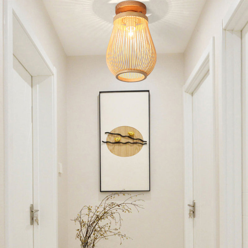 Handmade Semi Flush Mount Light Chinese Rattan Ceiling Mount Light Fixture for Bedroom