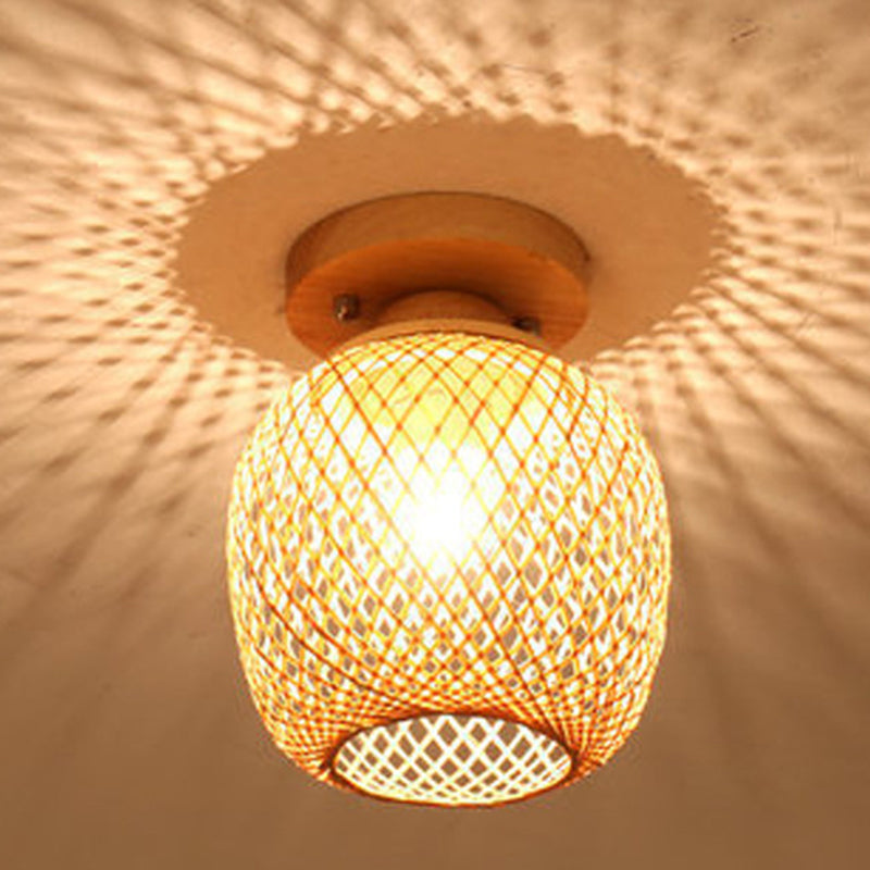 Handmade Semi Flush Mount Light Chinese Rattan Ceiling Mount Light Fixture for Bedroom