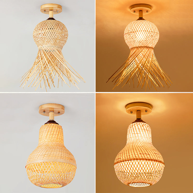 Handmade Semi Flush Mount Light Chinese Rattan Ceiling Mount Light Fixture for Bedroom