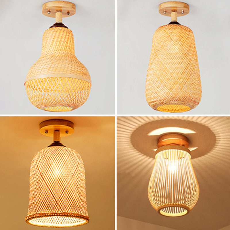 Handmade Semi Flush Mount Light Chinese Rattan Ceiling Mount Light Fixture for Bedroom