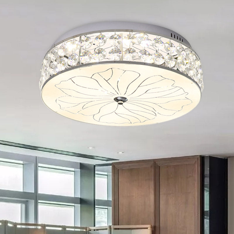 LED Ronde Flushmount Modernisme Cut Crystal Ceiling Light Fixture in Nickel met Opal Glass Diffuser