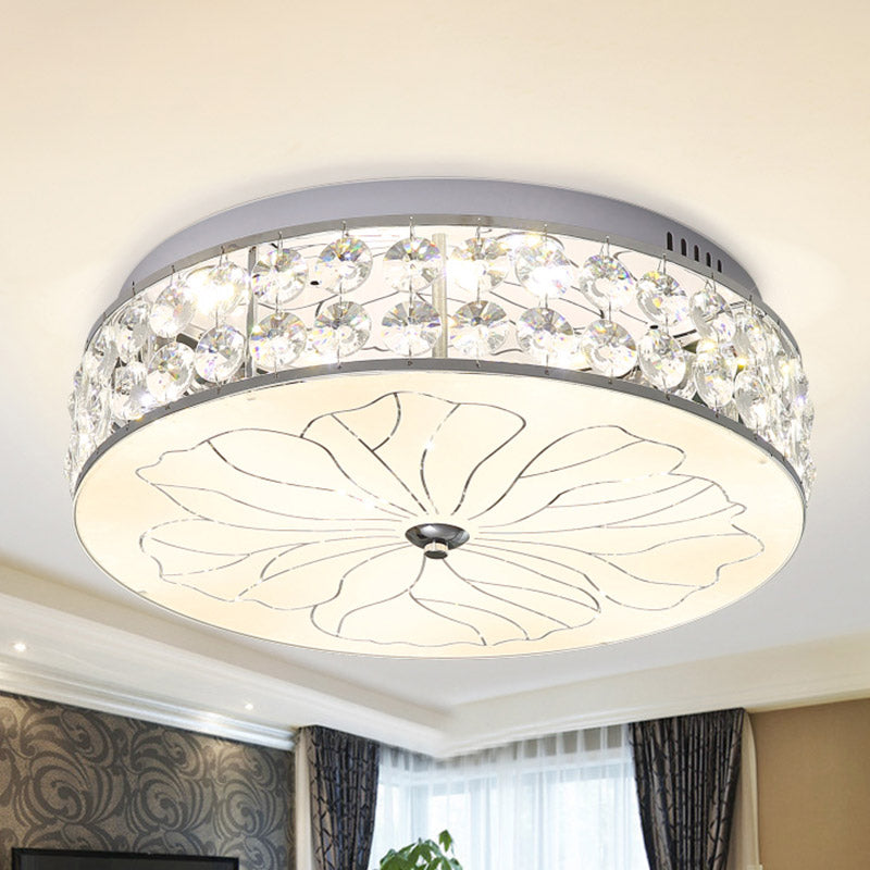 LED Ronde Flushmount Modernisme Cut Crystal Ceiling Light Fixture in Nickel met Opal Glass Diffuser