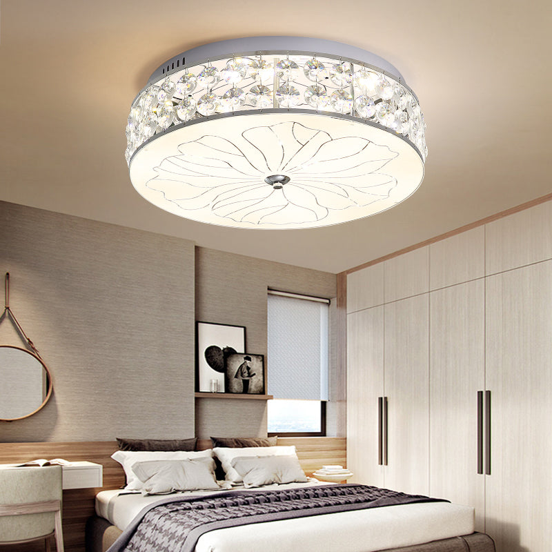 LED Ronde Flushmount Modernisme Cut Crystal Ceiling Light Fixture in Nickel met Opal Glass Diffuser