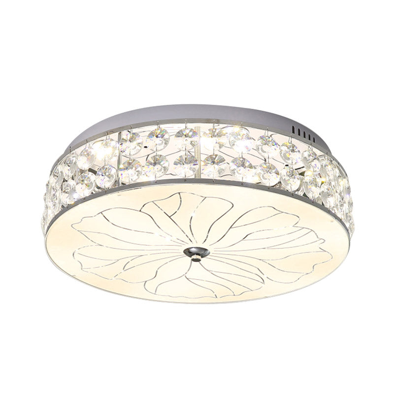 LED Round Flushmount Modernism Cut Crystal Ceiling Light Fixture in Nickel with Opal Glass Diffuser