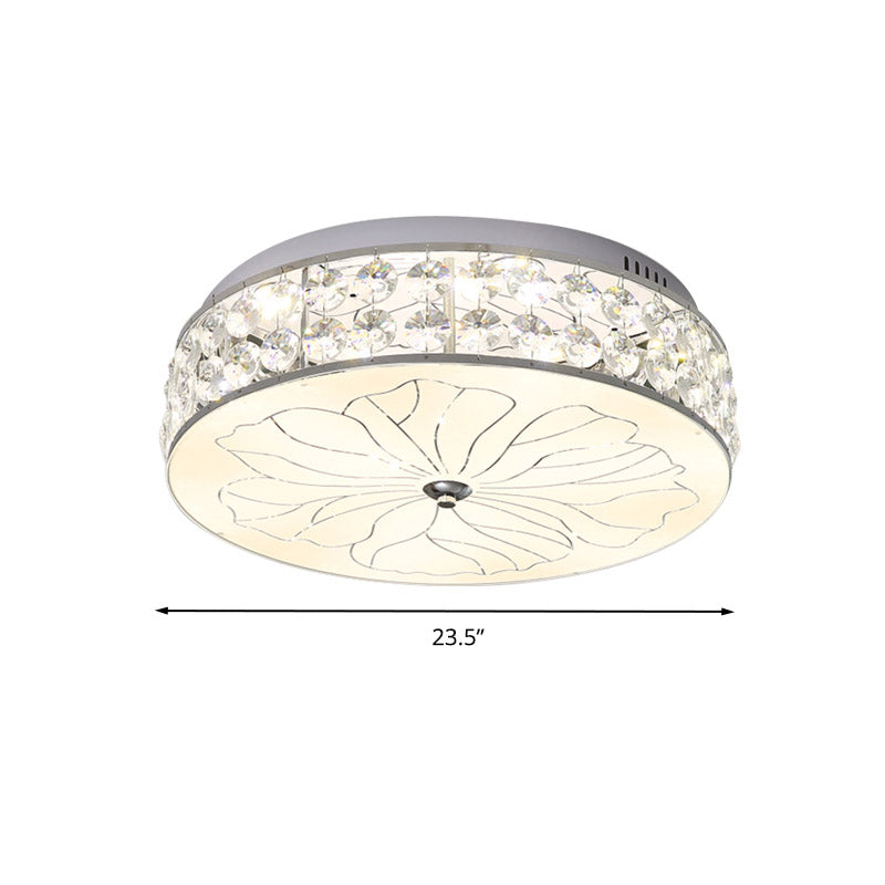 LED Round Flushmount Modernism Cut Crystal Ceiling Light Fixture in Nickel with Opal Glass Diffuser