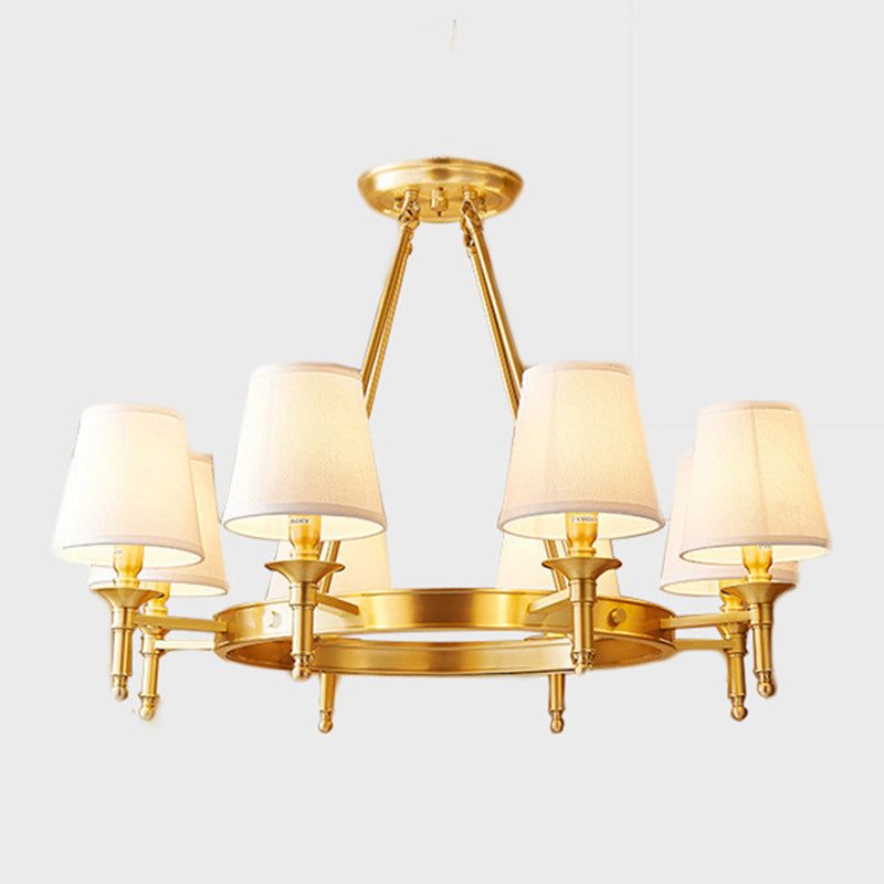 Candelier colgante posmoderna Candelera clara de tela blanca lámpara de techo de techo en oro para sala de estar