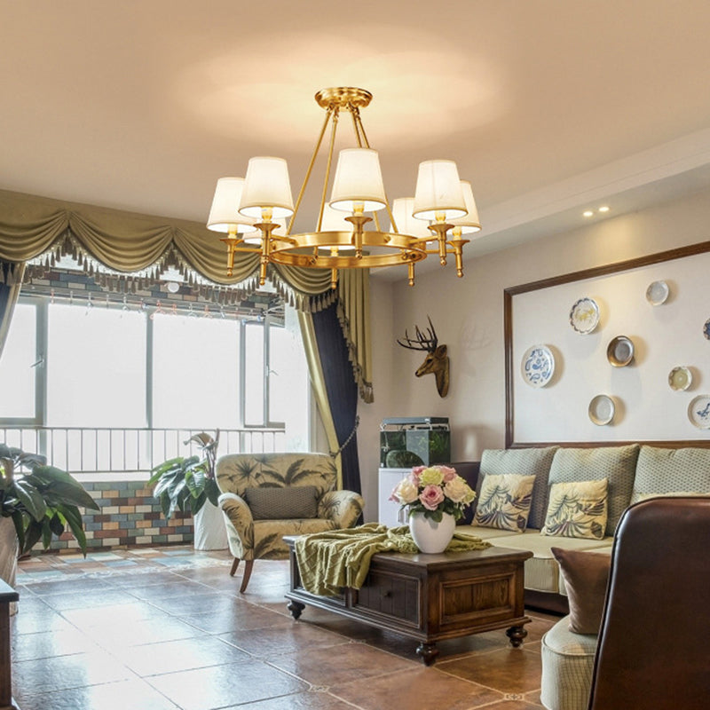 Post-Modern Circular Hanging Chandelier Light White Fabric Shade Ceiling Chandelier in Gold for Living Room