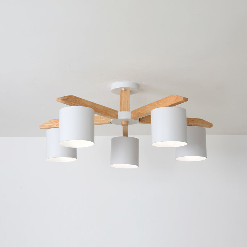 Contemporary Simplicity Solid Wood Ceiling Light Metal Cylindrical Shade Semi Flush Mount Lamp for Living Room