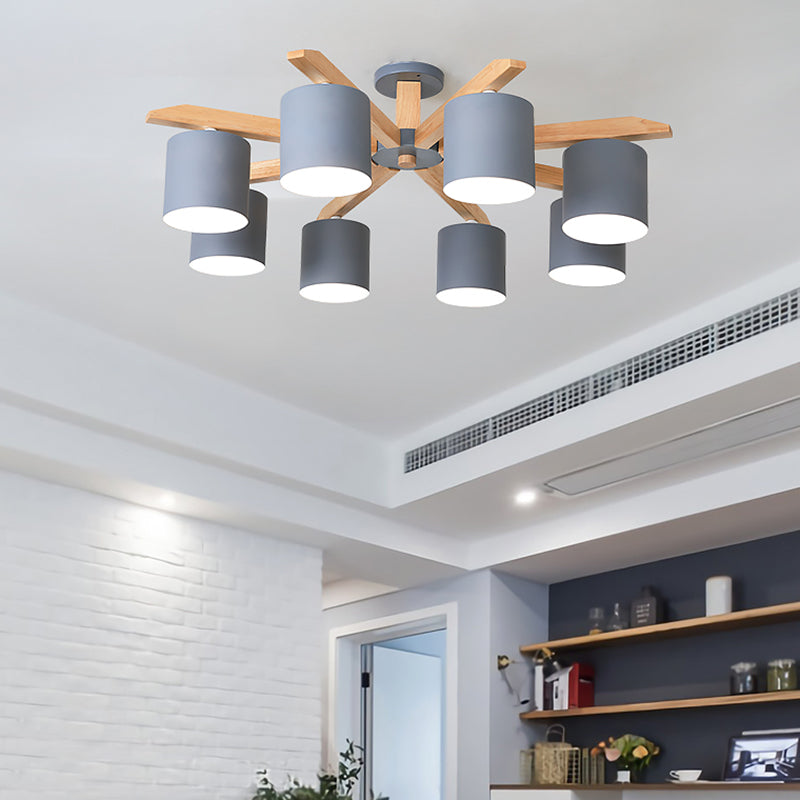 Zeitgenössische Einfachheit Massivholz Decken Deckenleuchte Metallzylindrischer Schatten Halbflush Mount Lampe für Wohnzimmer