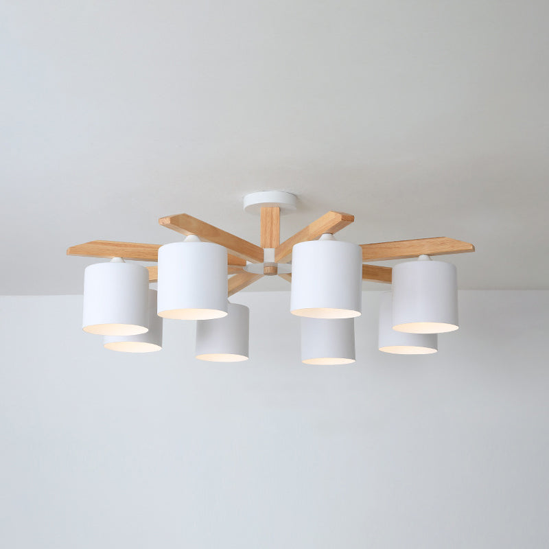 Contemporary Simplicity Solid Wood Ceiling Light Metal Cylindrical Shade Semi Flush Mount Lamp for Living Room