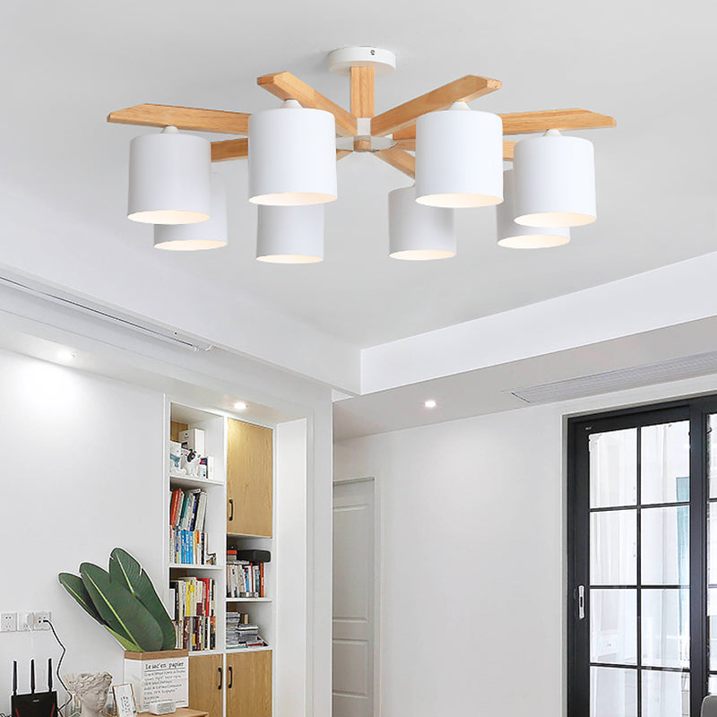 Contemporary Simplicity Solid Wood Ceiling Light Metal Cylindrical Shade Semi Flush Mount Lamp for Living Room